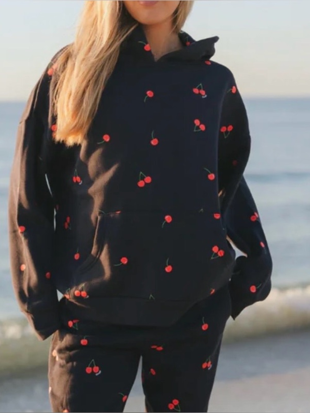 Starfit Mon Cherie Cherry Print Hoodie XL Navy Pullover Sweatshirt
